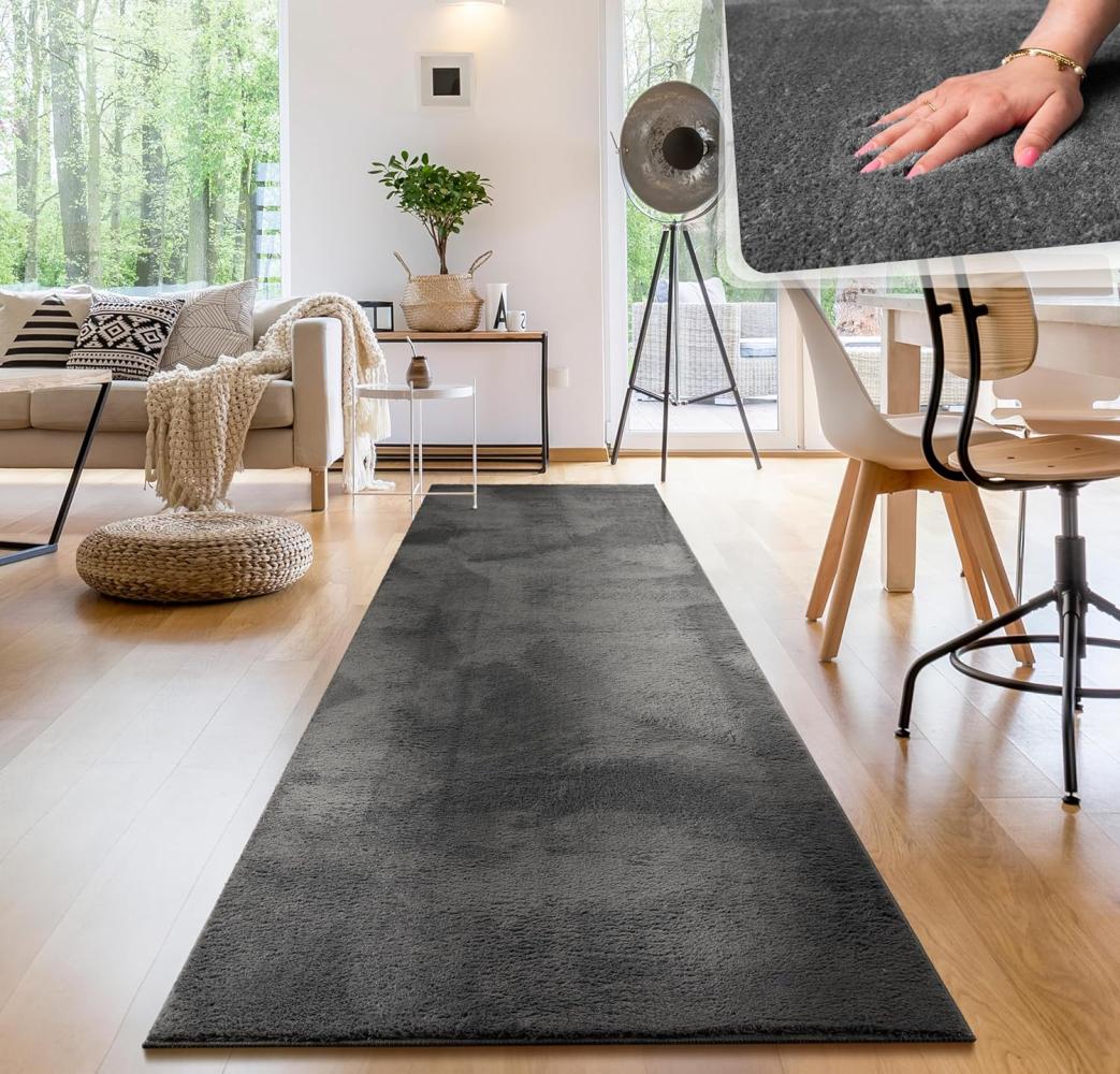 Paco Home Waschbarer Teppich Wohnzimmer Schlafzimmer Kurzflor rutschfest Flauschig Weich Moderne Einfarbige Muster, Grösse:80x300 cm, Farbe:Anthrazit Bild 1