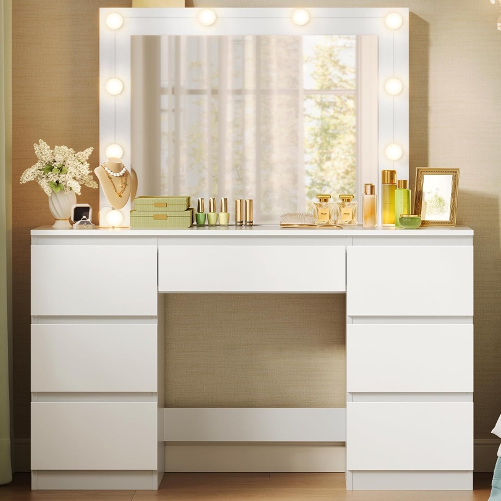 WOLTU Schminktisch mit LED-Beleuchtung, einstellbare Helligkeit, Kosmetiktisch mit großem Spiegel, Frisiertisch mit 7 Schubladen, 110 x 140,5 x 39,5 cm, Kommode Schlafzimmer Weiß, MB6099ws Bild 1