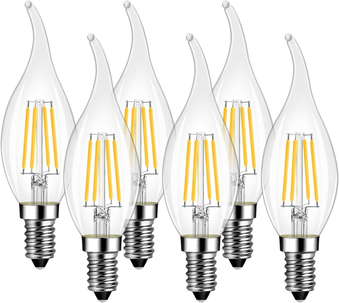 LVWIT LED Kerze Lampe E14, 470 lm, warmweiß 2700K, ersetzt 40 Watt, nicht dimmbar, Classic Kerzenform Filament, klar (6er Pack) Bild 1