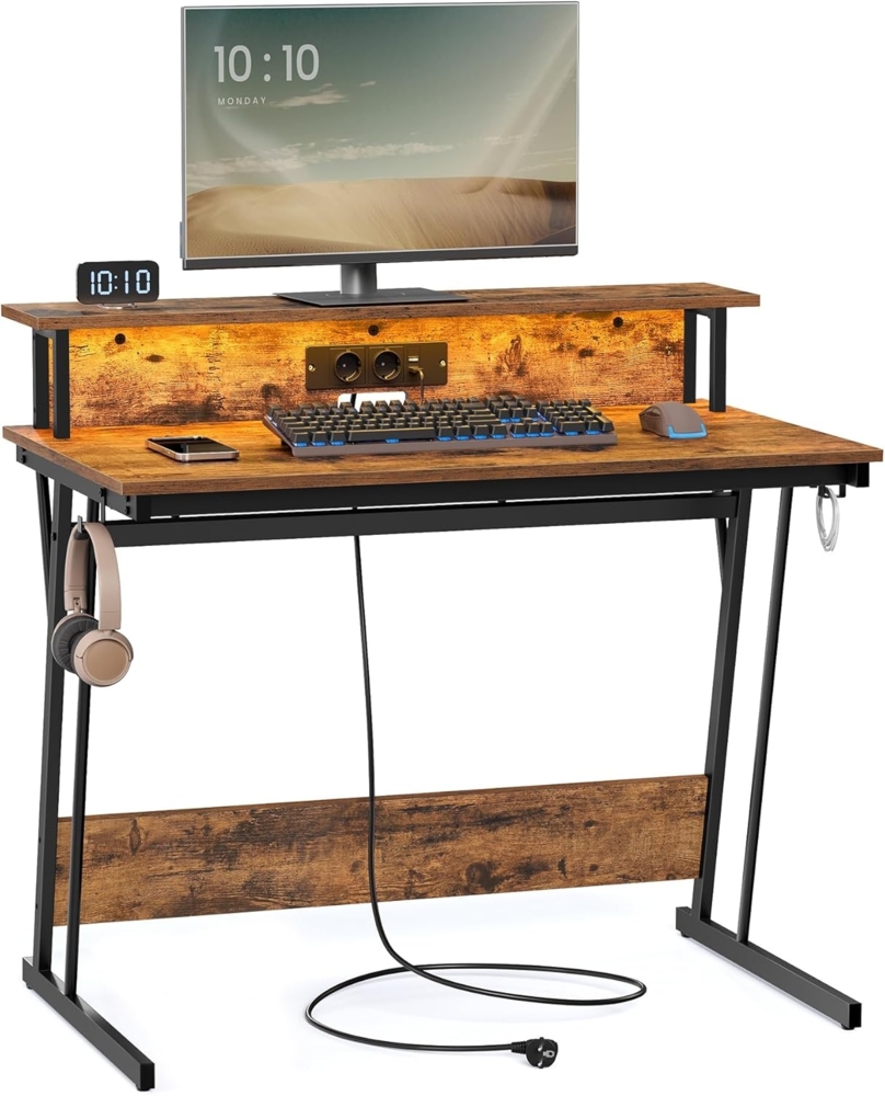 Vasagle Schreibtisch, Gaming Tisch mit eingebauter Steckdosenleiste, Computertisch, mit Monitorständer für 2 Monitore, Schlafzimmer, 60 x 100 x 76 cm, vintagebraun LWDDE191K01 Bild 1