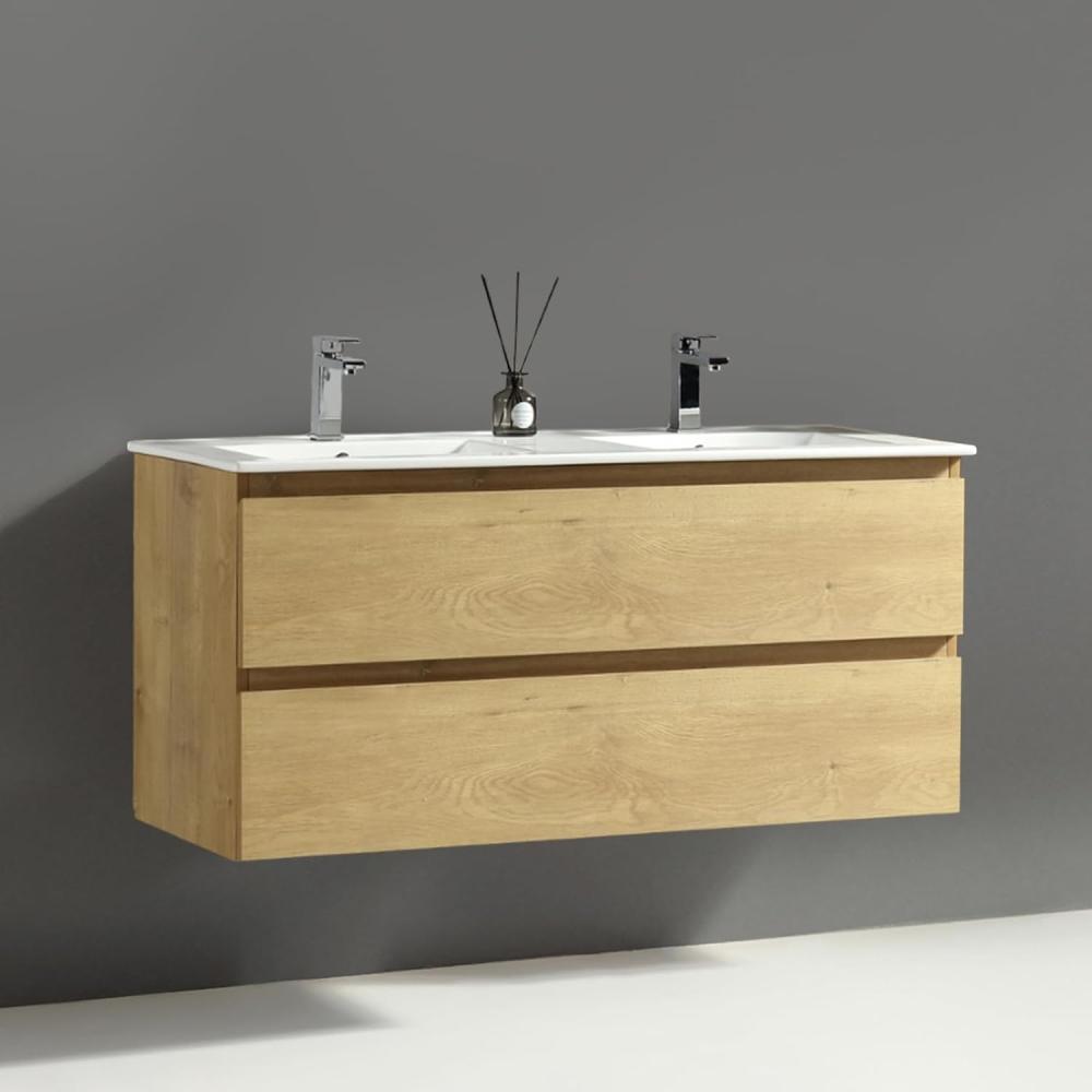 Alpenberger Badezimmer-Set Badezimmer Möbel Badschrank - Doppelwaschbecken mit Unterschrank, (Moderner Waschplatz, Keramik Waschbecken mit Überlauf), Doppelwaschtisch 120 cm Breit – Eiche Natur Bild 1