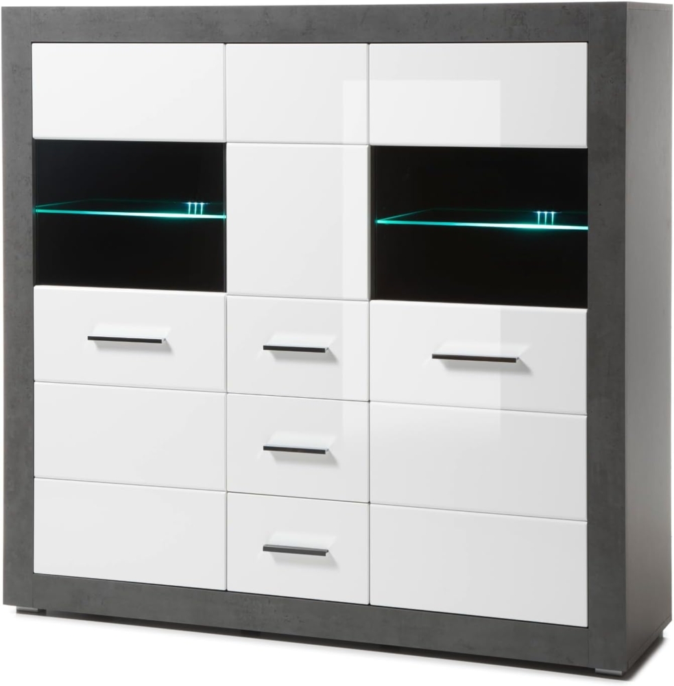 Highboard Briard in weiß Hochglanz und grau Stone  149 x 142 x 42 cm Bild 1