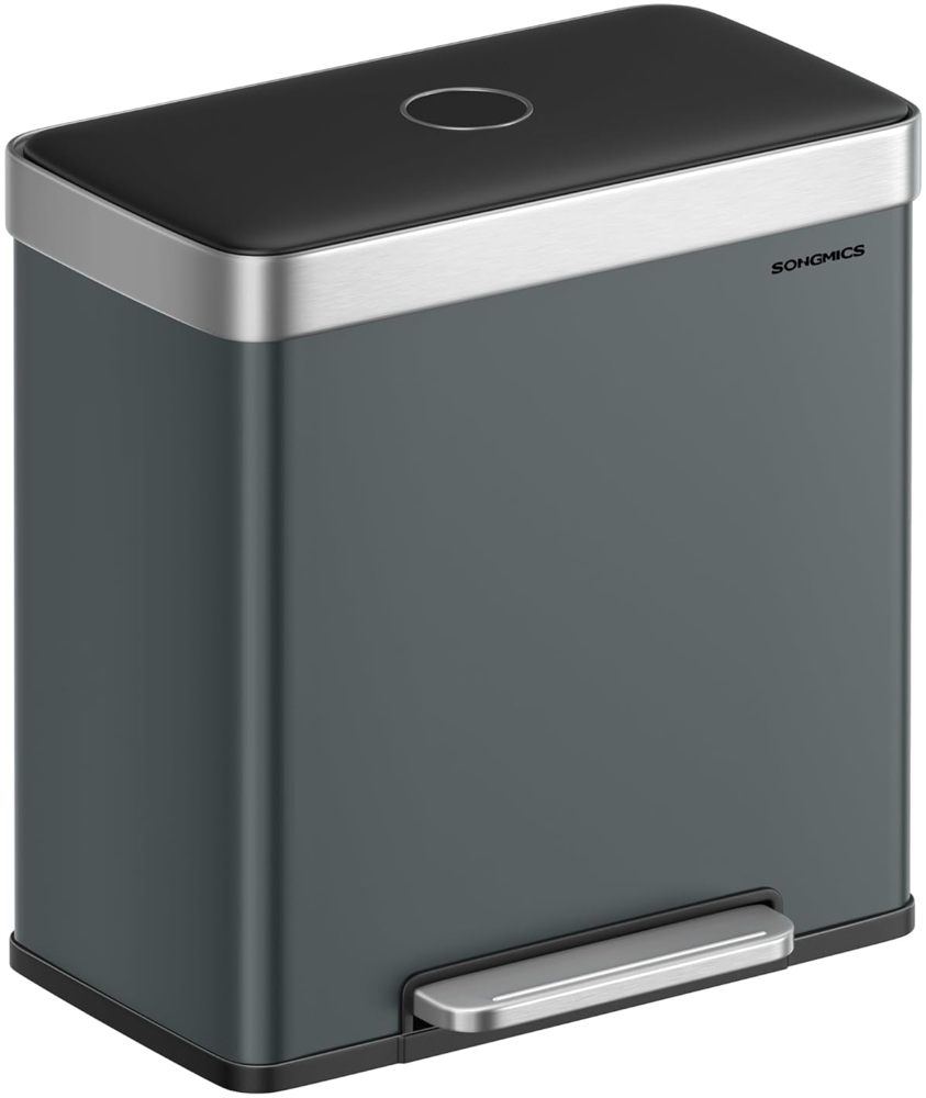 Songmics Mülleimer Küche, 2x30 L, Mülltrennsystem 2 Fächer, 15 Müllsäcke, Abfalleimer Edelstahl, Inneneimer aus Kunststoff, mit Deckel, Softclose, 58,2 x 36,5 x 60,5 cm, grüngrau LTB202G01 Bild 1