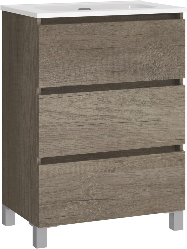 Baikal, Badezimmer-Set Natura mit reduziertem Boden, mit Keramikwaschbecken, Aufteilung mit DREI Schubladen, montiert, DREI Schubladen ohne Spiegel, Tiefe 39 cm, 60 cm Nebraska Bild 1