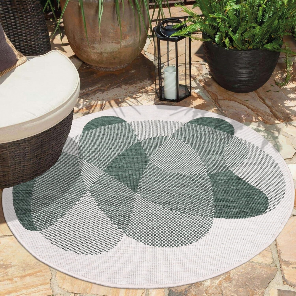 carpet city In- & Outdoor-Teppich Grün, Creme - Wendeteppich - 160 cm Rund - Abstraktes Geo-Muster - Wetterbeständig für Balkon, Terrasse - Teppiche Modern Indoor Wohnzimmer, Küche Bild 1