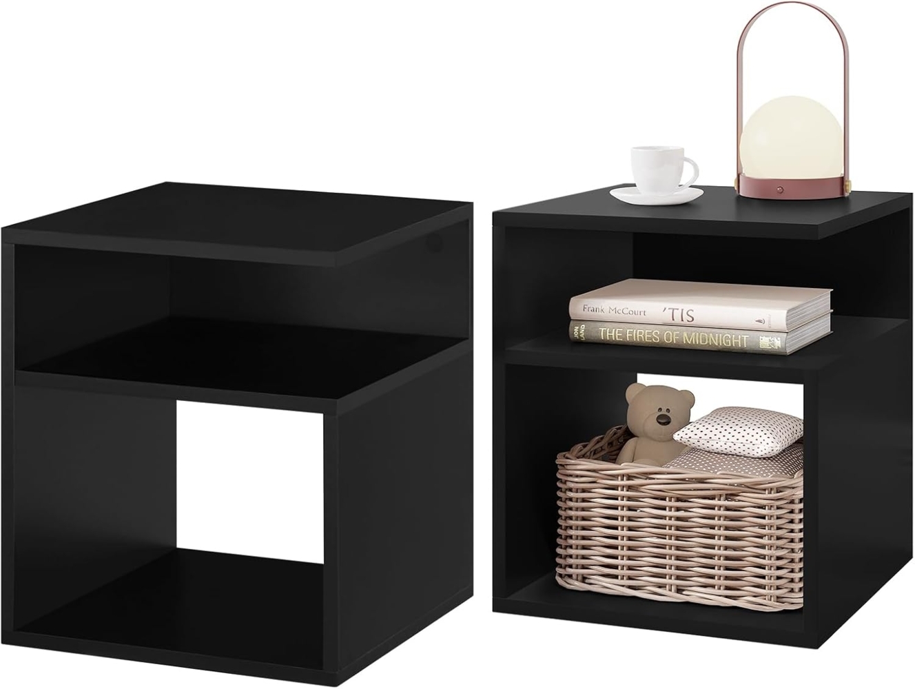 EUGAD 2er Set Nachttisch Schwarz, Beistelltisch mit 2 offene Fächer, 35 x 41,5 x 35 cm, Nachtkommode Nachtschrank für Boxspringbett, Platzsparender Nachttisch für Wohnzimmer Schlafzimmer, 0006CTG-2 Bild 1