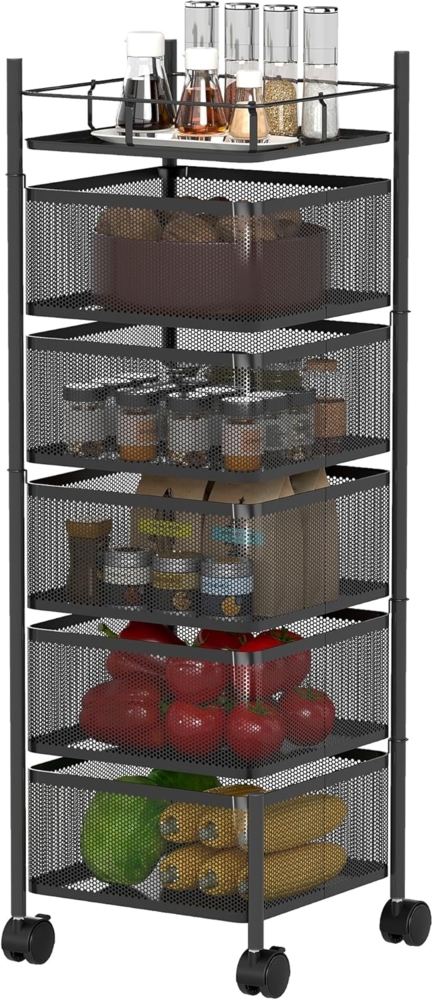 HOMCOM Küchenwagen mit 5 Ebenen, drehbaren Körben, Griff, (Servierwagen, 1 St, Rollwagen), für Küche Bad Büro Wohnzimmer Schwarz Bild 1
