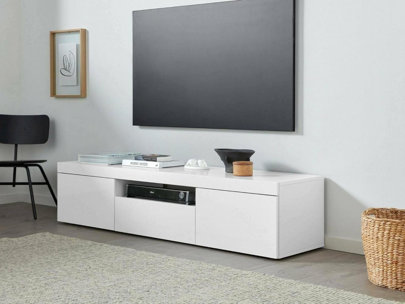 Dmora - TV-Ständer Valdo, niedriges Wohnzimmer-Kommode mit 3 Türen, TV-Ständer-Basis, 160x40x35 cm, glänzend weiß Bild 1