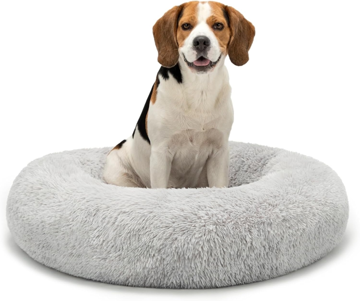 lionto Donutbett für Hunde und Katzen, Flauschiges Hundebett rund für kleine und große Heimtiere, Ø 80 cm, weiches Katzenbett aus kuscheligem Plüsch, Hundekissen mit extra Dicker Füllung, hellgrau Bild 1