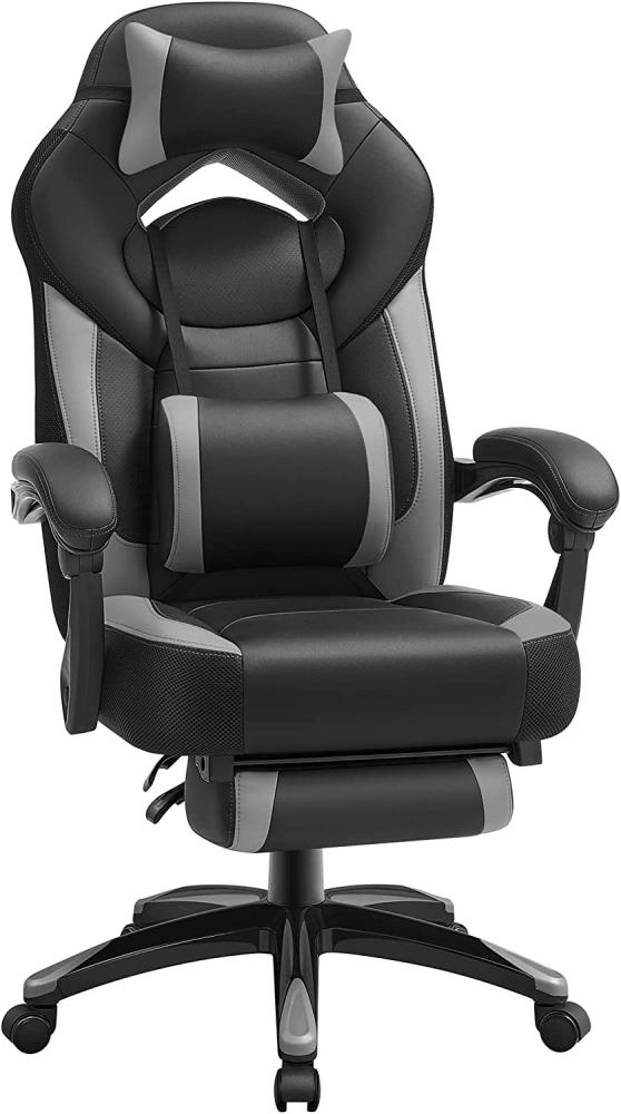 Songmics Gaming Stuhl mit Fußstütze, ergonomisches Design, verstellbare Kopfstütze, Lendenstütze, bis zu 150 kg belastbar, Schwarz-Grau Bild 1