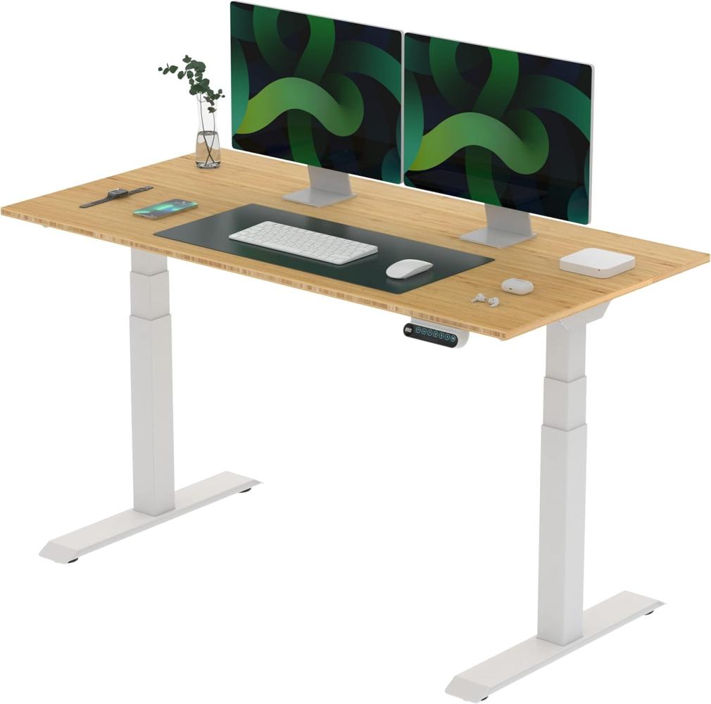 Flexispot Elektrisch höhenverstellbarer Schreibtisch | Ergonomischer Steh-Sitz Tisch mit Memory Funktion | Beugt Rückenschmerzen vor & Macht produktiver (Bamboo, Gestell Weiß, 140x70 cm) Bild 1