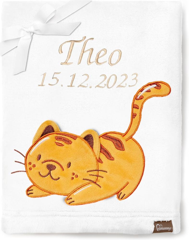 Be Mammy Personalisierte Babydecke mit 3D Applikation Warme Kuscheldecke mit Namen und Geburtsdatum; Perfektes Baby Geschenk; Blanket; Krabbeldecke BE20-280 (Weiß - Katze) Bild 1