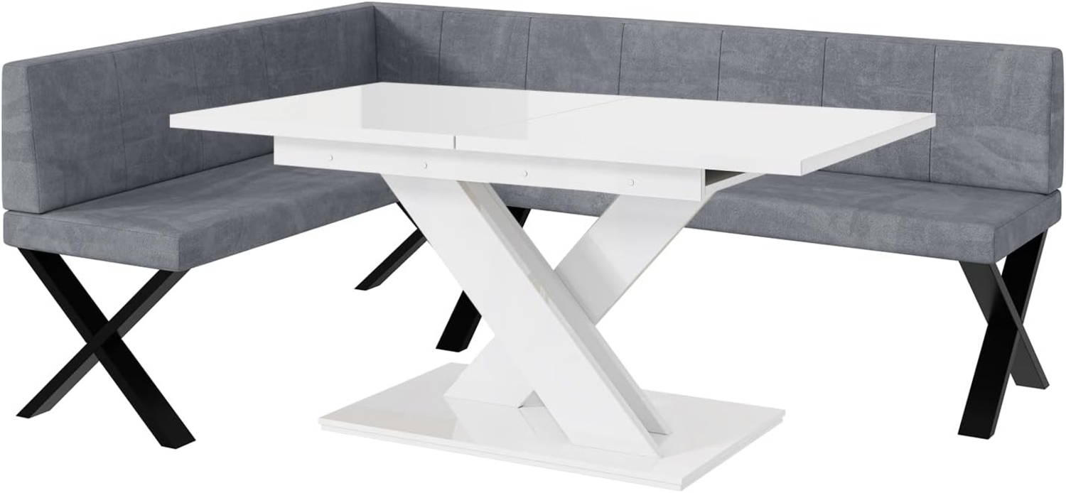 MEBLINI Eckbank für Esszimmer mit ausziehbarem Tisch - Küchenbank - Essecke - Sitzecke Küche - PETER - X-Beine 142 x 196 x 87 cm Links - Grau Samt/B Weiß Hochgl. Bild 1