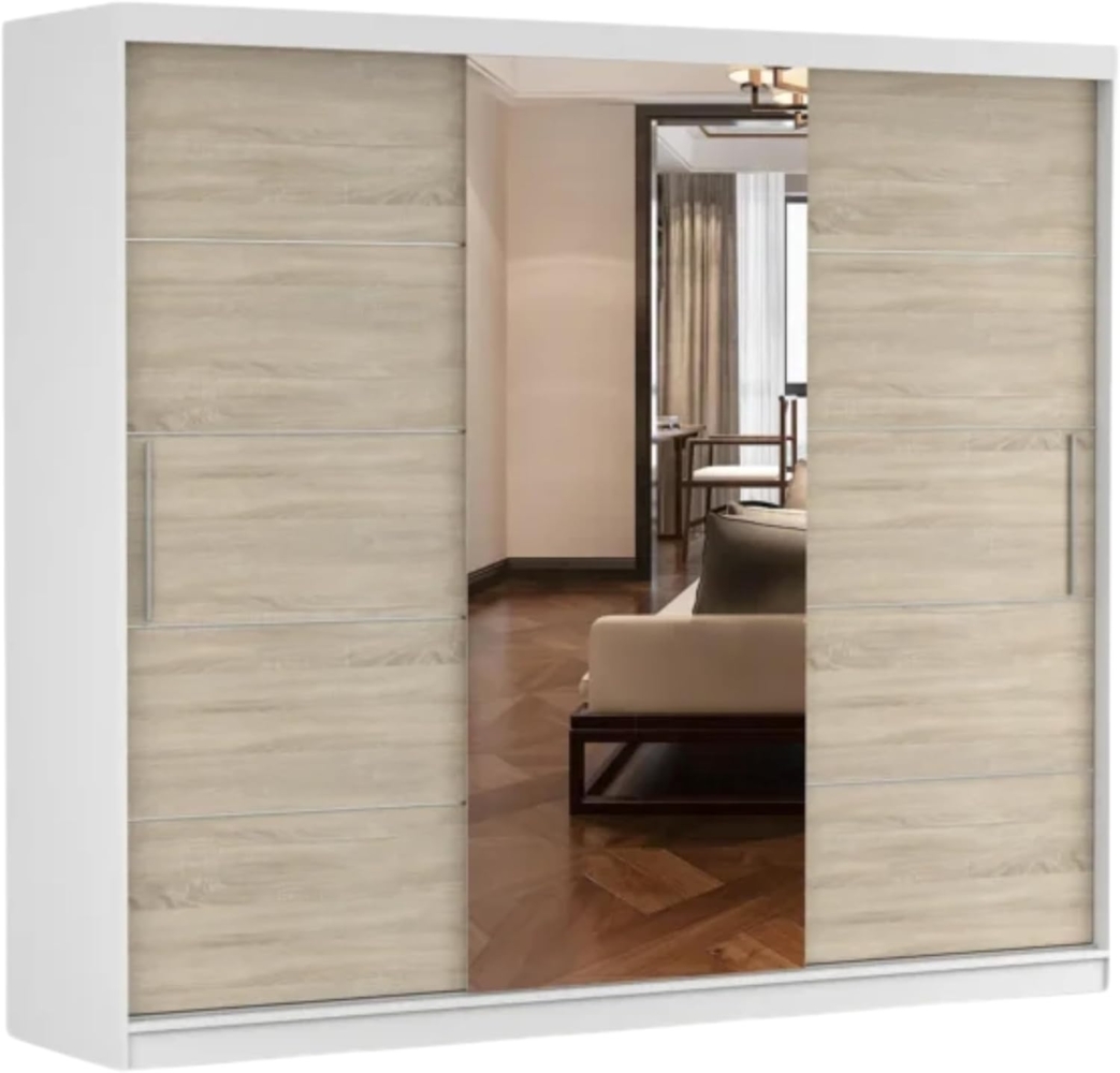Schwebetürenschrank Alba 250 cm, Schiebetürenschrank mit Spiegel, Kleiderschrank mit Kleiderstange und Einlegeboden, Schlafzimmerschrank, Schiebetüren, Modern Design (Weiß/Sonoma) Bild 1