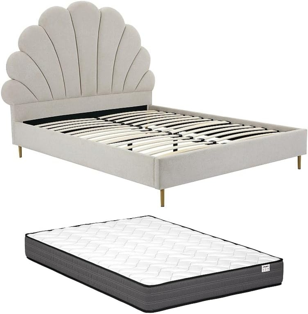 Vente-unique - Bett mit Kopfteil in Muschelform + Matratze - 160 x 200 cm - Stoff - Beige - LIVAYA Bild 1