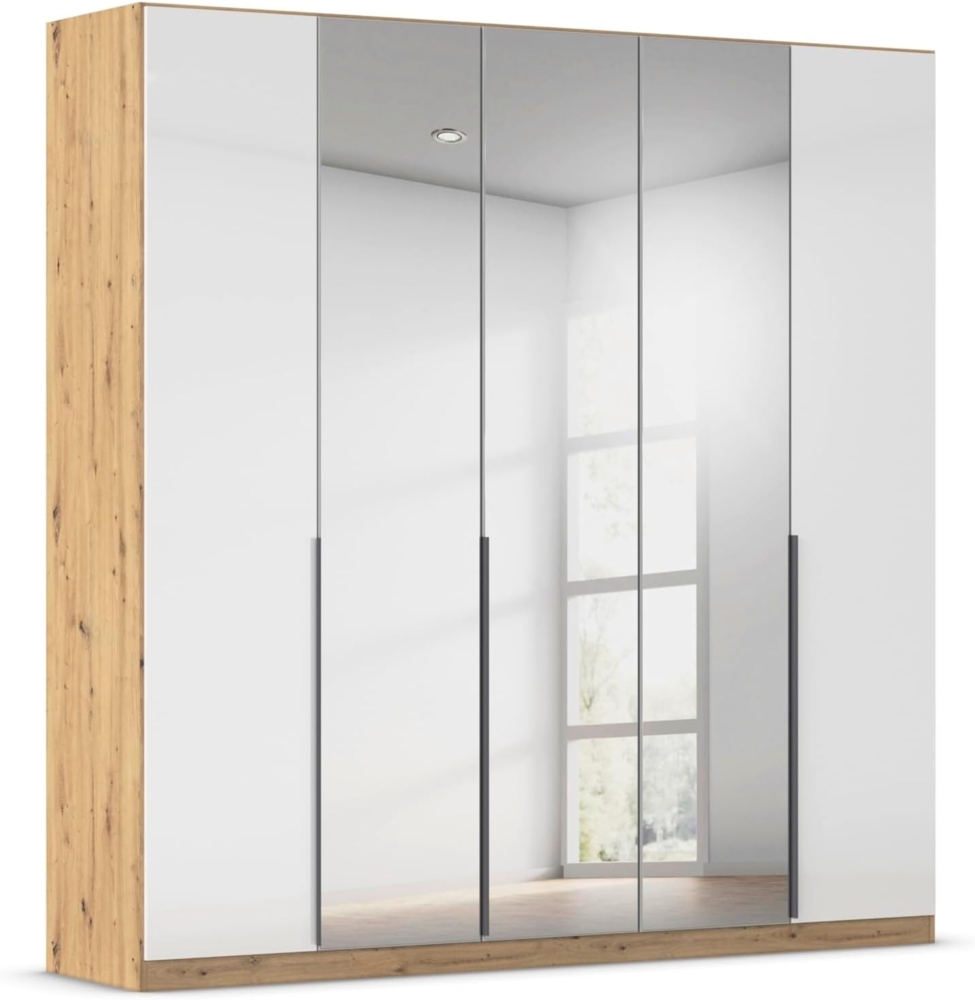 Rauch Möbel Alabama, Kleiderschrank, Garderobenschrank, 5-türig, Spiegel, Zubehör Classic, 3 Kleiderstangen, 9 Einlegeböden, Farbe Hochglanz Weiß/Eiche Artisan, Holz, Griff Grau metallic, 226 x 229 x 54 cm Bild 1