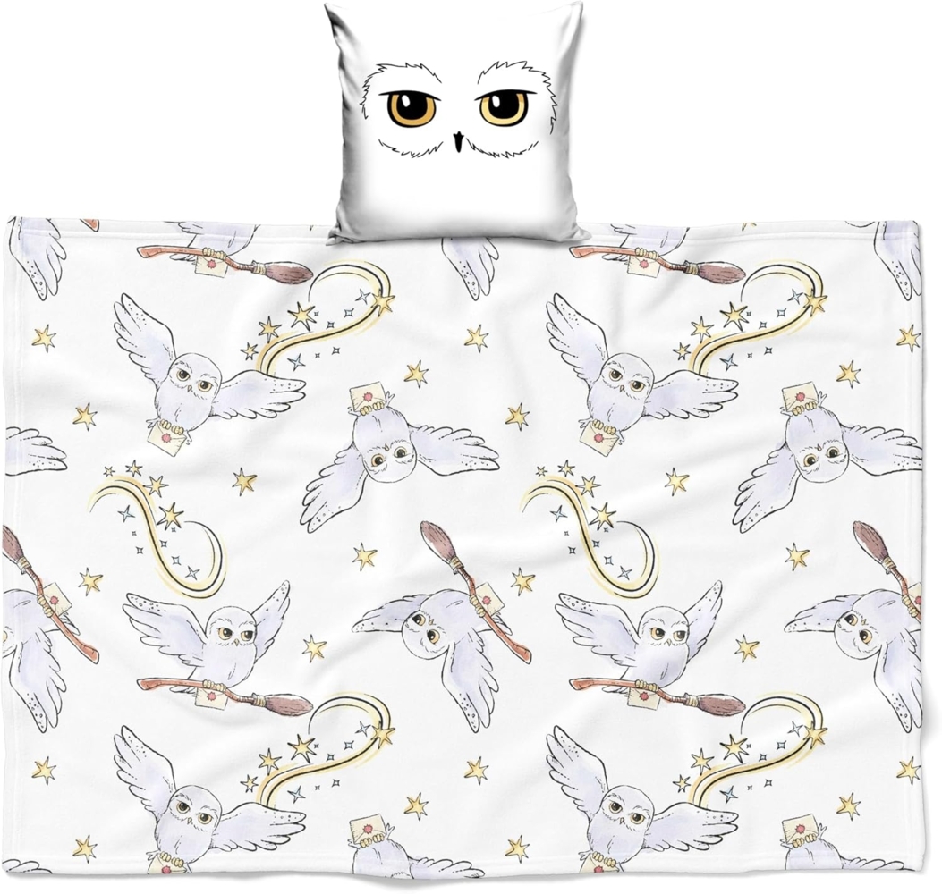 Kinderdecke Harry Potter, 2-in-1 Set, Kissenbezug und Flauschdecke, Eule Hedwig, MTOnlinehandel, Fanartikel flauschig, weich & kuschelig, weiß Bild 1