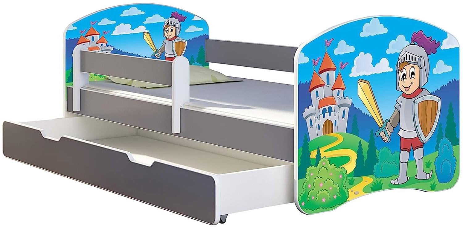 ACMA Kinderbett Jugendbett mit Einer Schublade und Matratze Grau mit Rausfallschutz Lattenrost II (32 Ritter, 160x80 + Bettkasten) Bild 1