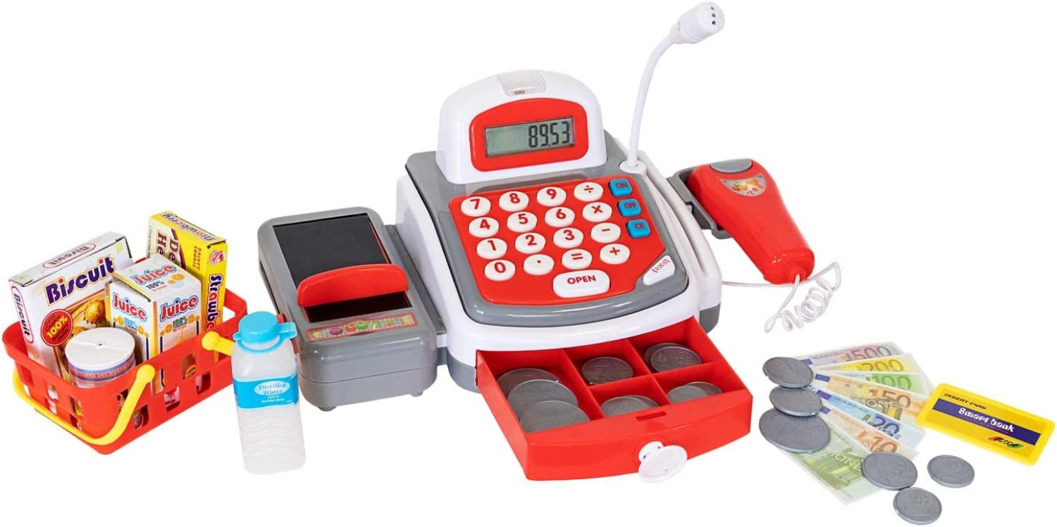 Idena 40214 - Registrierkasse für Kinder mit realistischen Ton- und Licht-Funktionen, Supermarkt-Kasse für Kaufmannsladen, Spielzeug zum Lernen und für interaktives Rollenspiel Bild 1