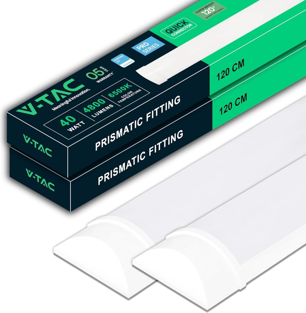 V-TAC 2x Feuchtraumleuchte LED 120 CM - 40W - Samsung Chip - Rechteckige Lampe 4800 Lumen IP20 für Wand, Garage, Shop - LED Röhre - Prismatische Deckenleuchte LED - Licht 6400K Kaltweiß Bild 1