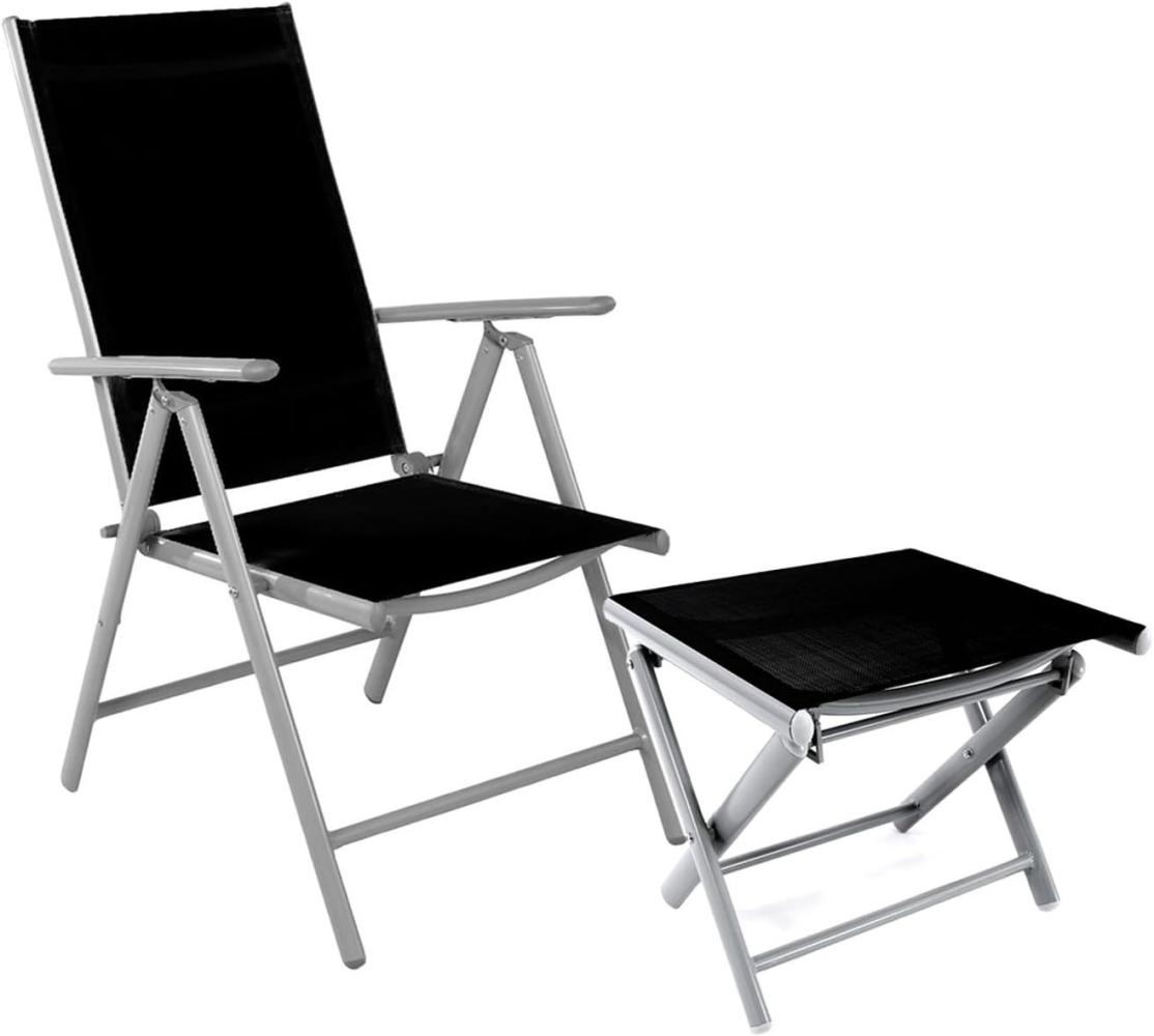 Garten Klappstuhl Aluminium - Textilen Silbergrau/Schwarz + Fußhocker Silber/Schwarz Bild 1
