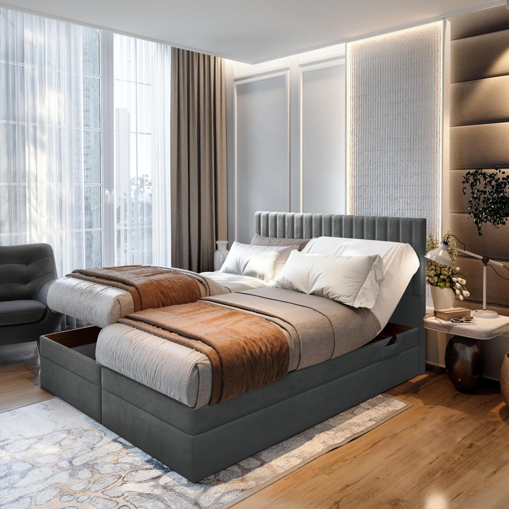 TRADA Boxspringbett ADELE mit Taschenmatratze & Topper 160x200 cm (Set, Bett (zwei Bettkasten) + Matratz + Topper), Elektrische Zahnstangenverstellung per Fernbedienung Bild 1