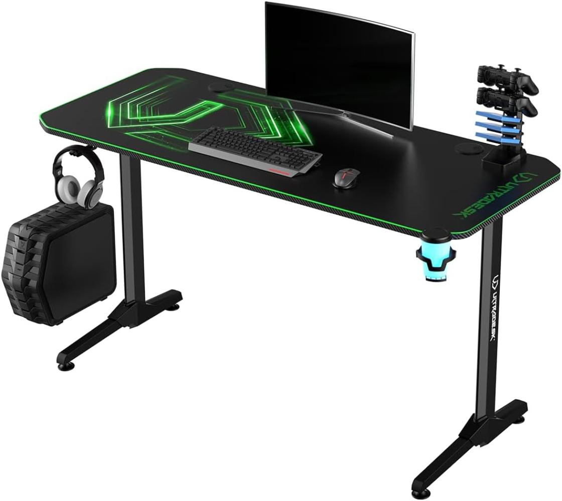 ULTRADESK Frag | Ergonomischer Gaming-Schreibtisch mit großer Arbeitsfläche & XXL-Pad, 2 Kabeldurchlässe | Gut für Home Office, Fach für Steckdosenleisten | Stahlrahmen, Grünes Pad, 140x66 cm Bild 1