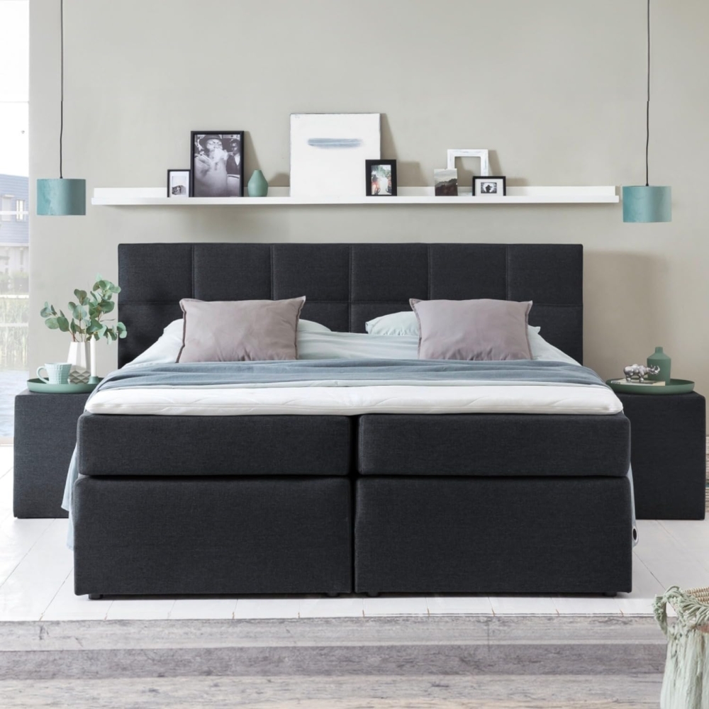 Möbelfreude Doluna Bea Boxspringbett 220x200 cm H3 in Schwarz inkl. Visco Topper mit Memoryeffekt + 7 Zonen Taschenfederkern-Matratze + Bonell-Federkernpolsterung Bild 1