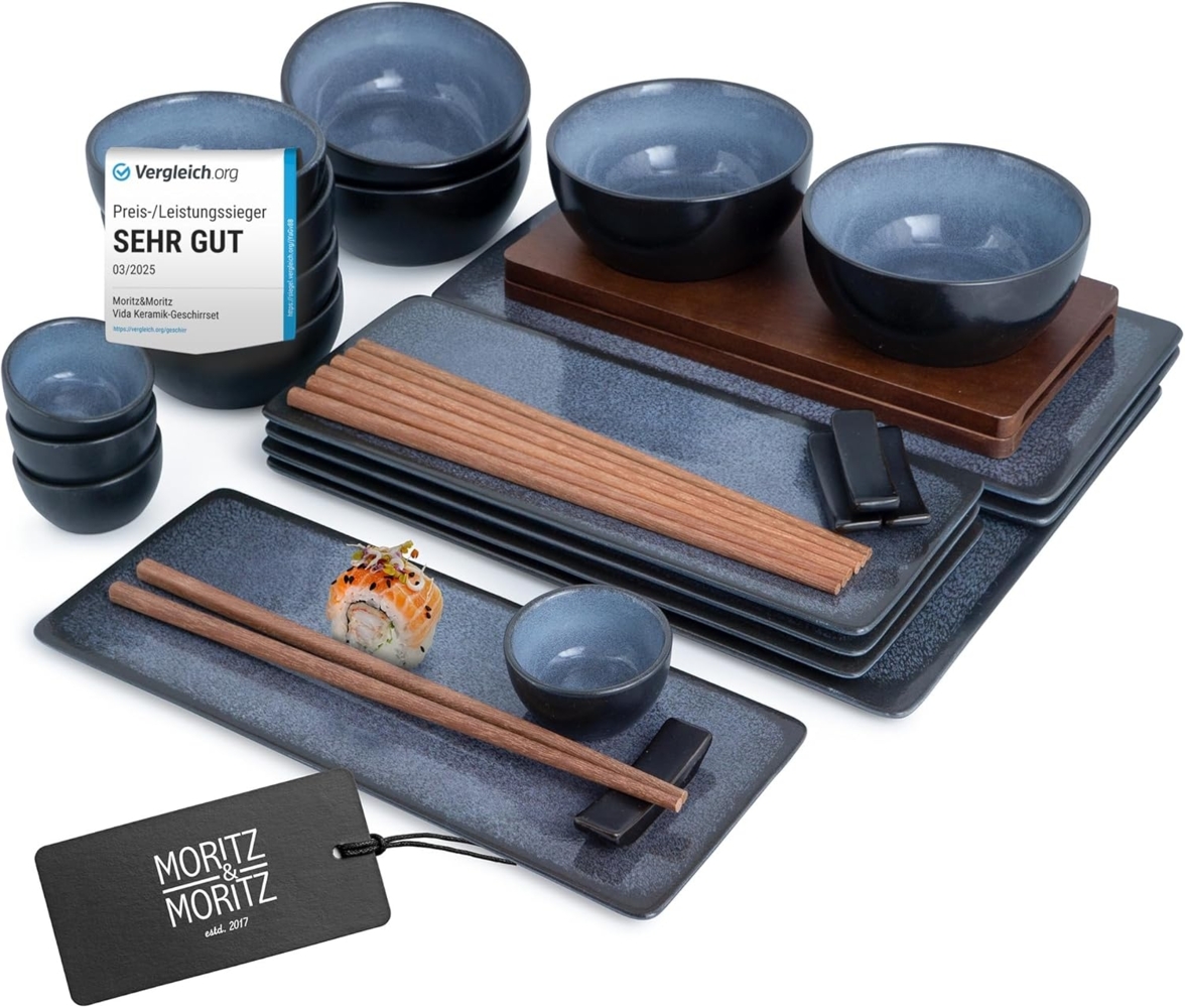 Moritz & Moritz Tafelservice Moritz & Moritz 29tlg Sushi Teller Blau Asia Geschirr Set Digital (33-tlg), 4 Personen, für 4 Personen - 29 Teile Bild 1