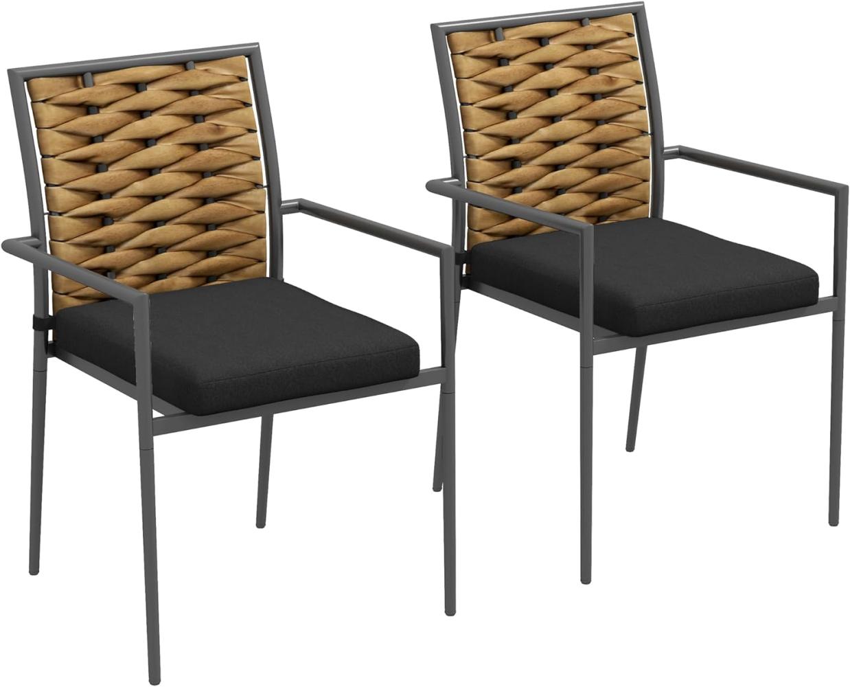 Outsunny 2er-Set Rattan Gartenstuhl Gartensessel Set mit Kissen, Stapelbarer Gartenstuhl, Balkonstuhl für Terrasse, Stahl, 57 x 58 x 87 cm, Schwarz Bild 1