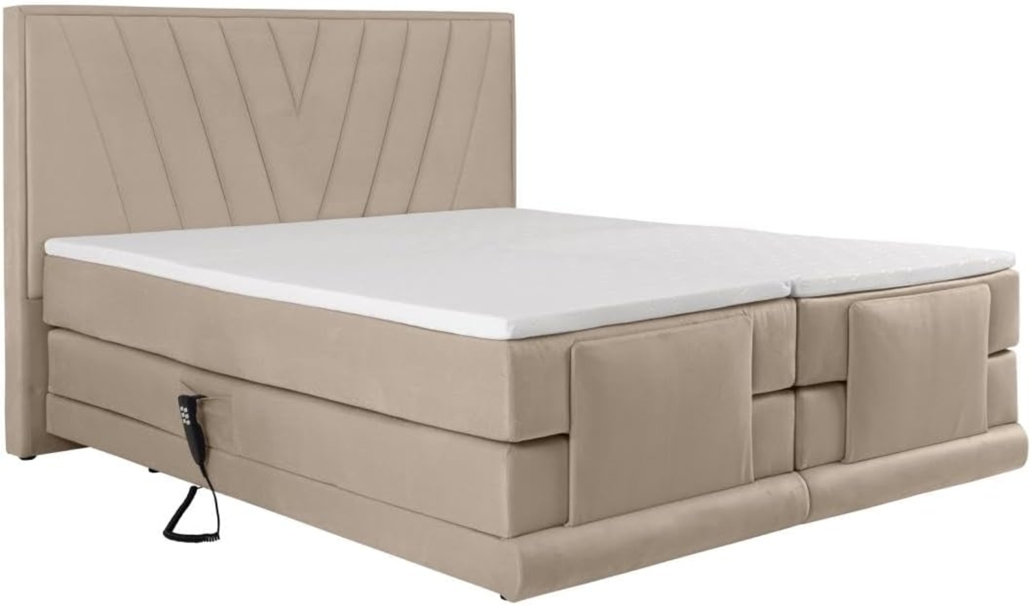 Vente-unique - Boxspringbett mit Bett-Kopfteil + elektrisch verstellbare Lattenroste + Matratzen + Topper - 2 x 90 x 200 cm - Samt - Beige - LUMONI von YSMÉE Bild 1