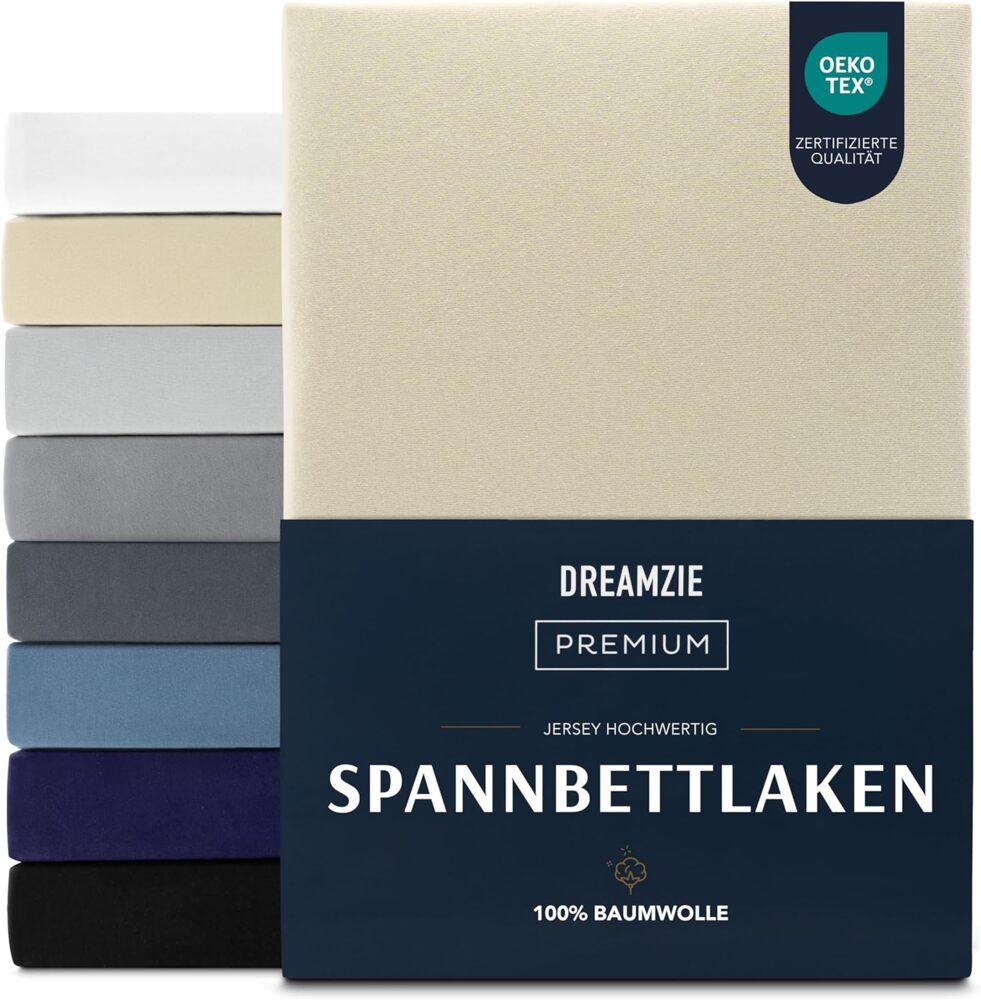 Dreamzie Premium Spannbettlaken 200x200 cm, Spannbetttuch für Dicke Matratzen bis zu 27 cm, Bettlaken 100% Jersey Baumwolle, 150 g/m², Oeko-TEX zertifiziert - Beige Bild 1