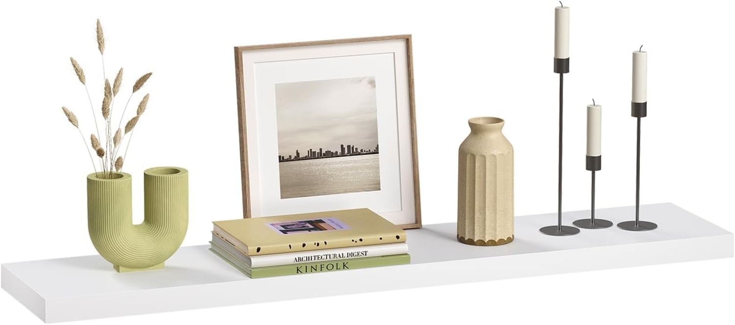 eSituro Wandregal, schwebendes Regal für Wandmontage, Schweberegal Hängeregal Wandbrett im Wohnzimmer Schlafzimmer Küche Badezimmer, weiß modern, MDF, 110 x 3,8 x 22,9 cm Bild 1