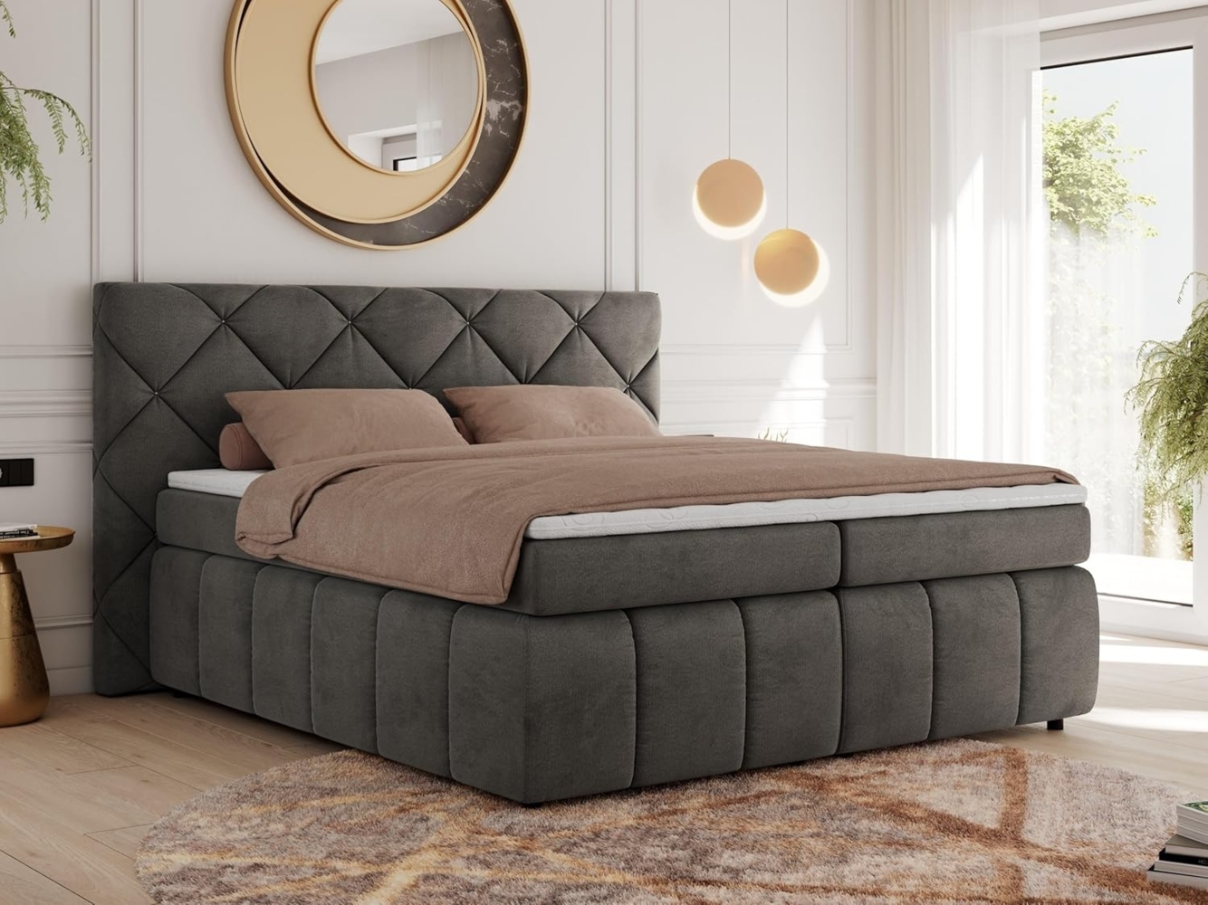 Boxspringbett, Doppelbett, Polsterbett mit Matratzen und Kopfteil - RITA - 140 x 200 cm - Dunkelgrau Velours - H3 Bild 1