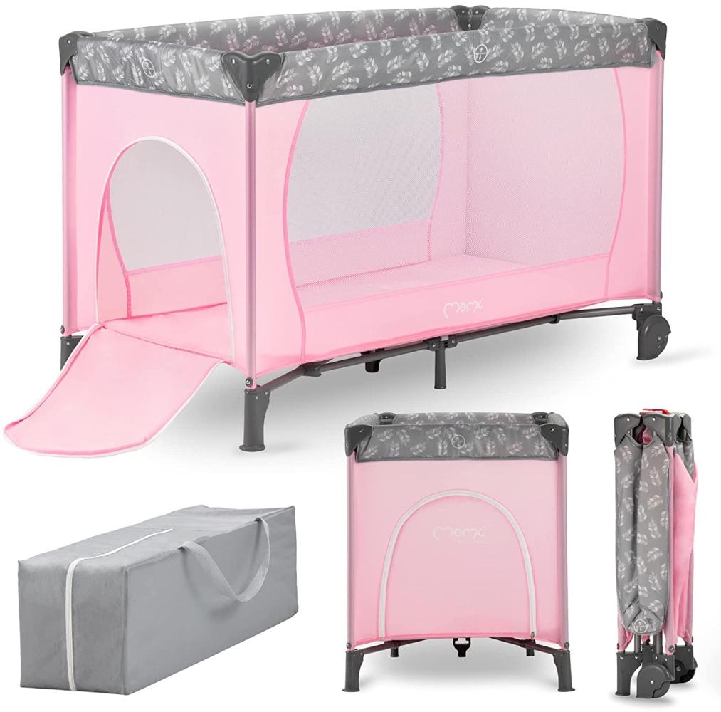 MoMi Transportbett BELOVE | 125 x 65 x 78 cm | Für Kinder bis 15 kg | 2 Räder zum Bewegen | Luftiges Netz | Transporttasche | Rosa Bild 1