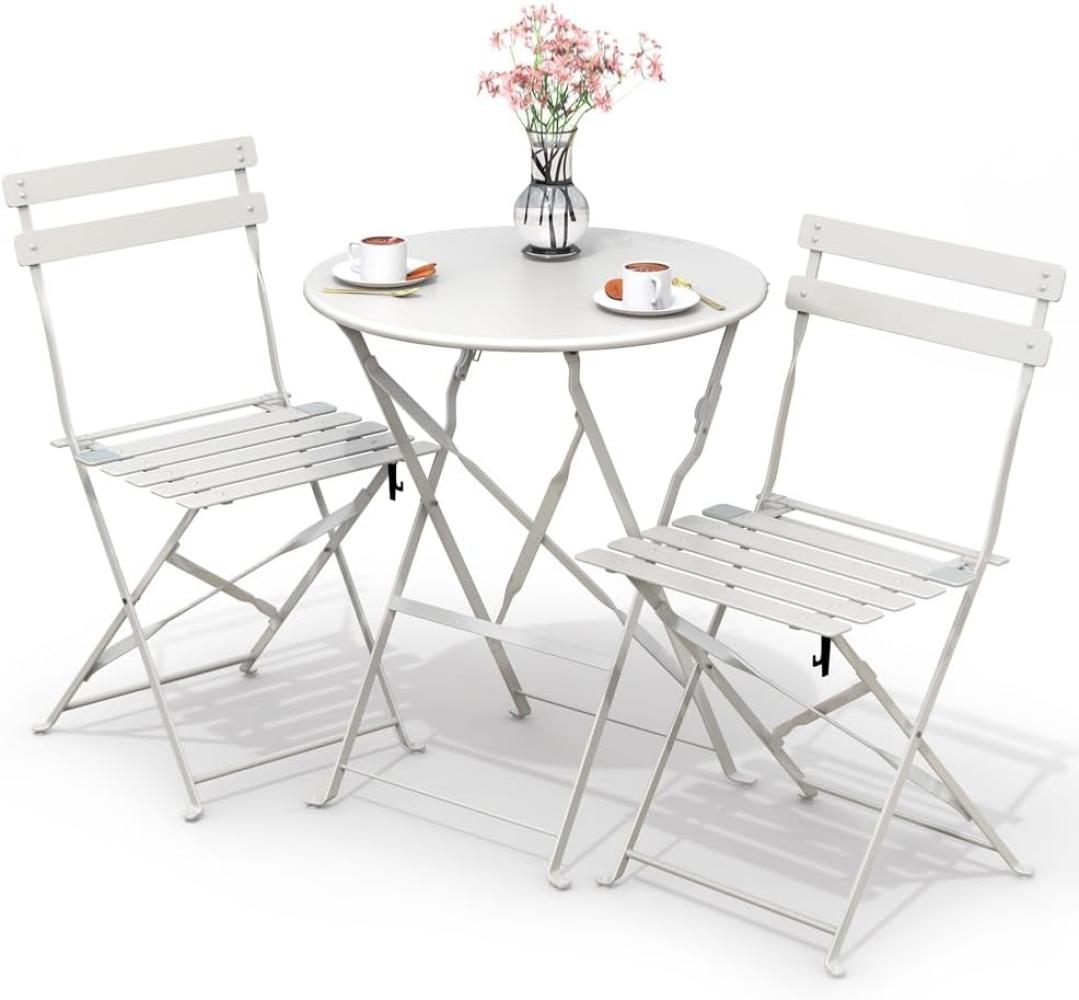 VOUNOT Bistroset 3-teilig, Klappbar Bistrotisch mit 2 Stühlen, Gartenmöbel Set Balkonset Gartengarnitur, Sitzgruppe Metall, Bistro Set Outdoor, Weiß Bild 1