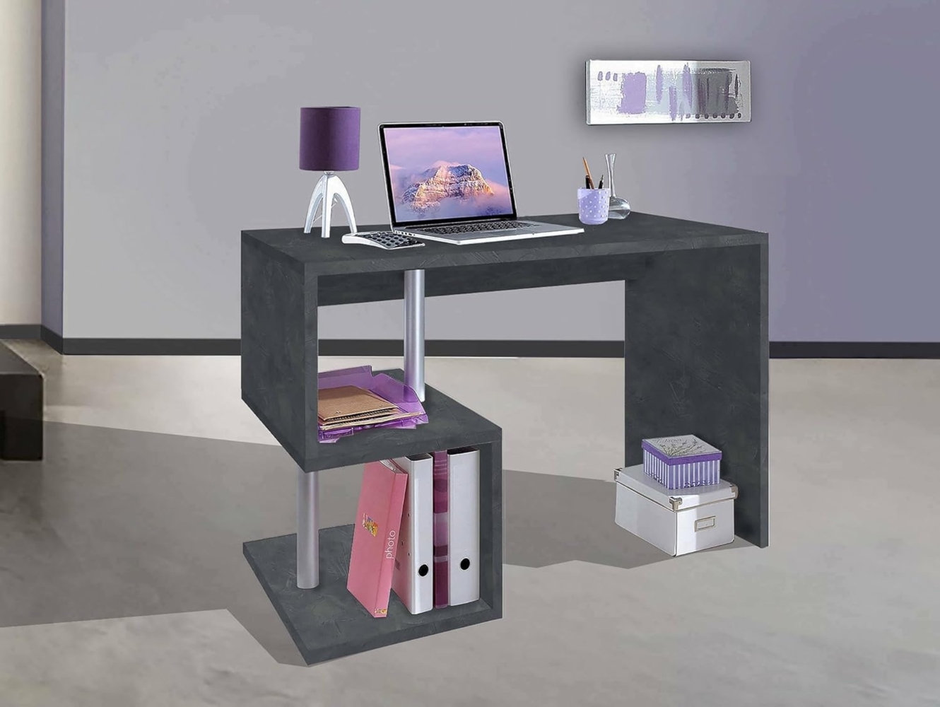 Dmora Esse moderner Schreibtisch für Büro und Arbeitszimmer mit Regal, Made in Italy, Computertisch, PC-Schreibtisch, cm 100x50h78, Farbe Aschgrau Bild 1