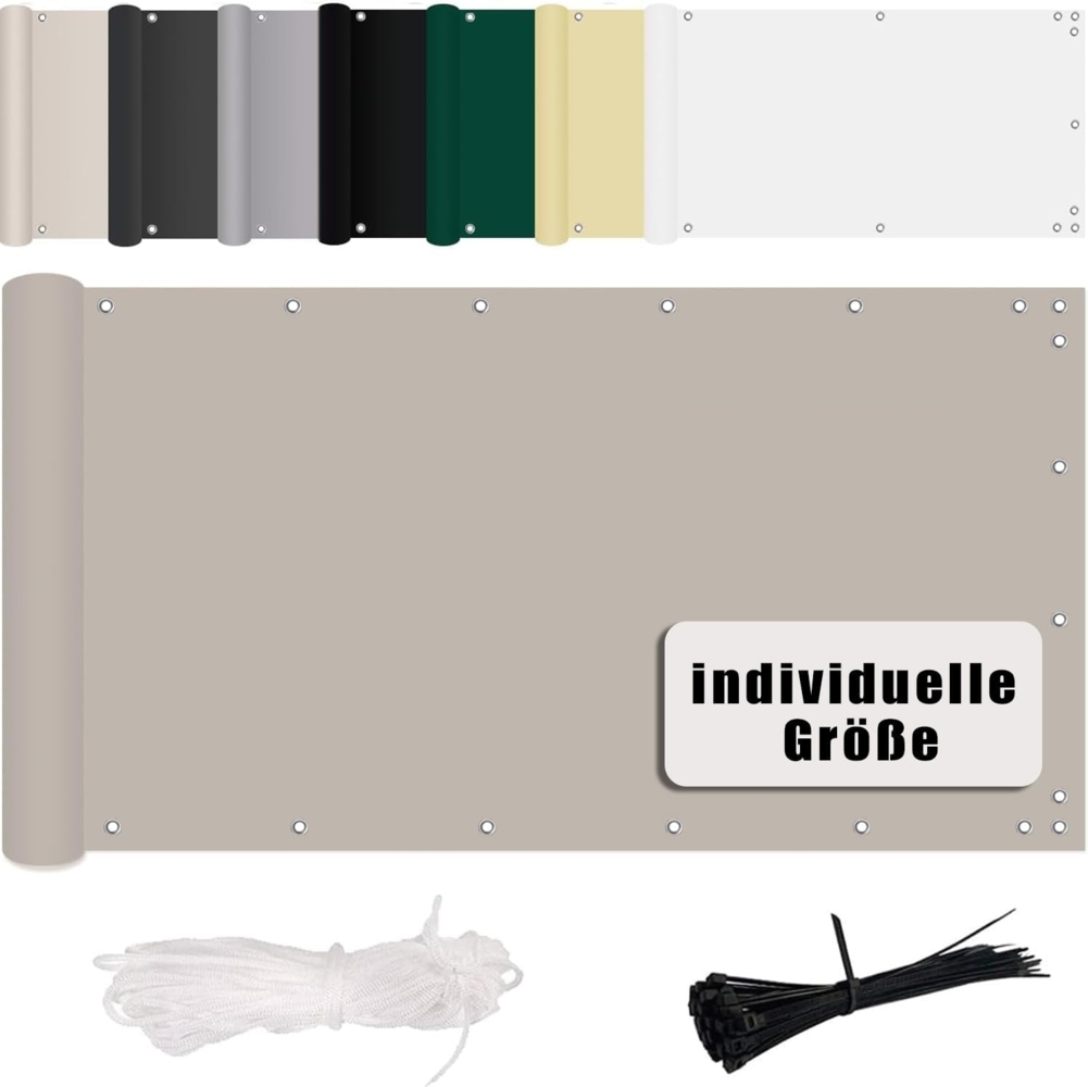 MENGH Balkon Sichtschutz 50x900 cm, Balkon Sichtschutz Windschutz, Witterungsbeständig und Wasserabweisend, mit Ösen, Nylon Kabelbinder und Kordel für Gartenanlagen, Camping und Freizeit Taupe Bild 1
