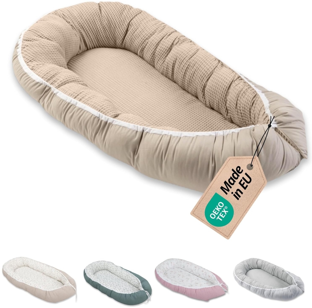 ULLENBOOM ® Bettnestchen Kuschelnest Baby 55x95 cm, kuscheliges Babynest, Made in EU, (1-tlg), Ideal für Neugeborene als Reisebett, Sand Bild 1