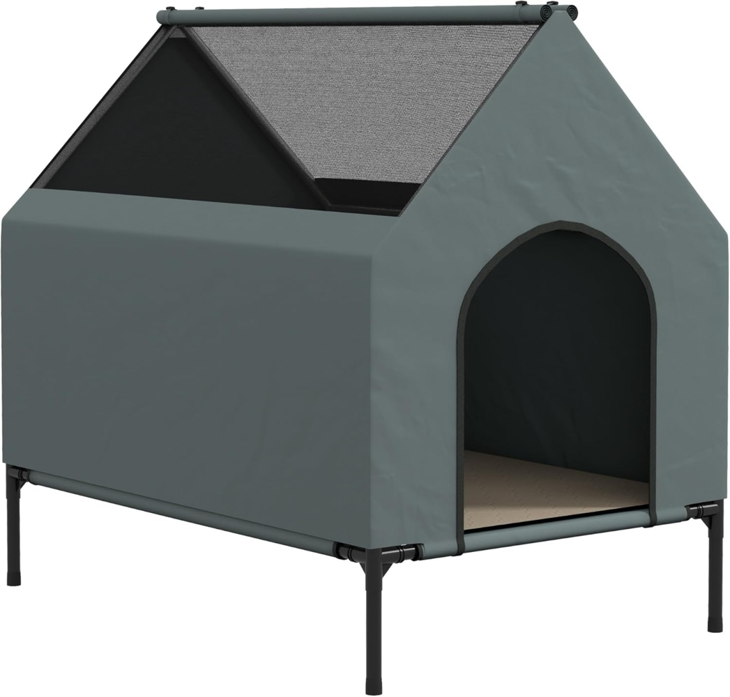 PawHut Hundehütte mit Mesh-Fenster, mit abnehmbarem Deckel, erhöhtes Hundebett, für Garten, Balkon, Grau Bild 1