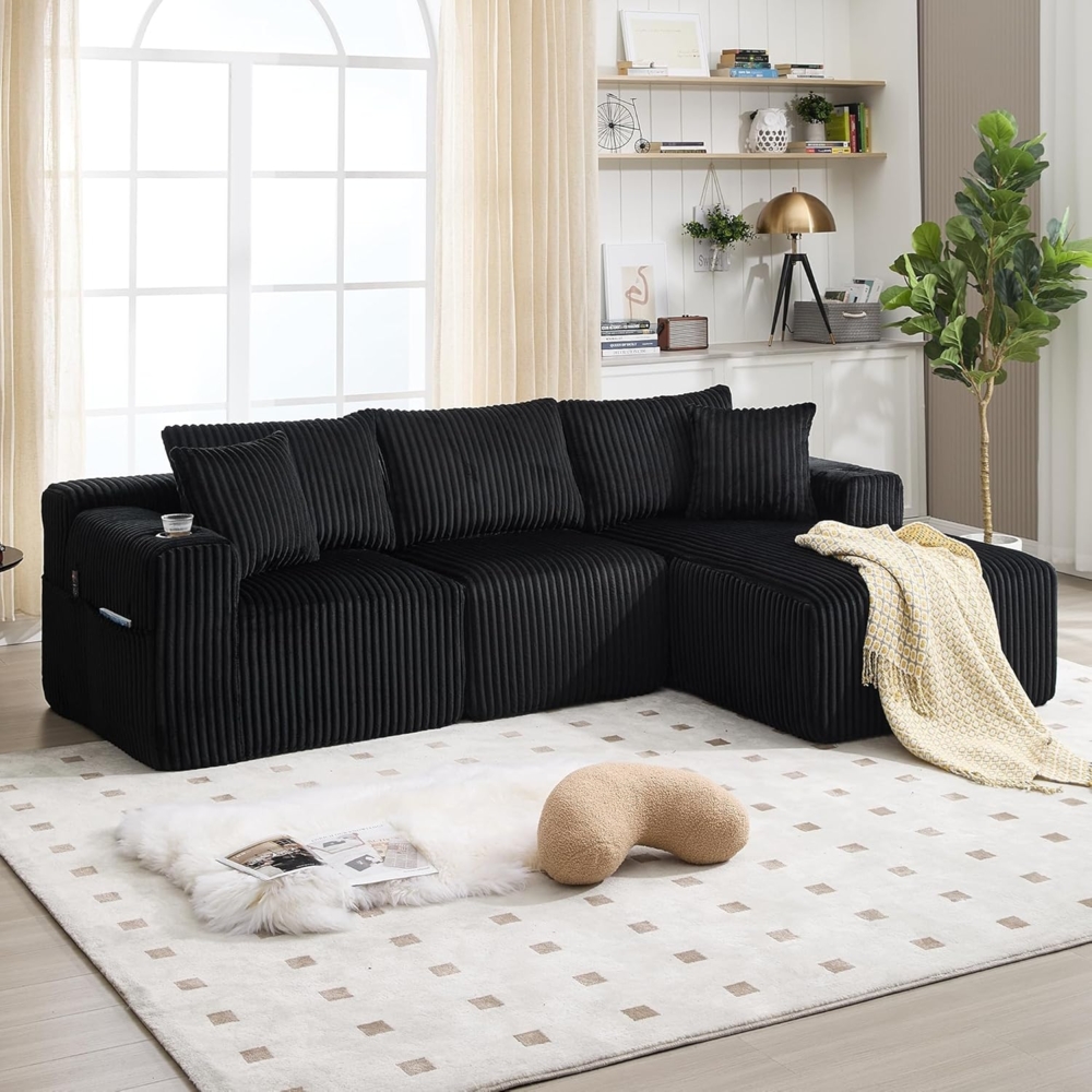 Ball & Cast L-förmiges Eckcouch mit Schlaffunktion, 3-Sitzer Sofa mit 2 Getränkehalter aus Cordbezug für das Wohnzimmer Wohnung Studio, 257 x 62 x 160 (BxHxT), Schwarz Bild 1