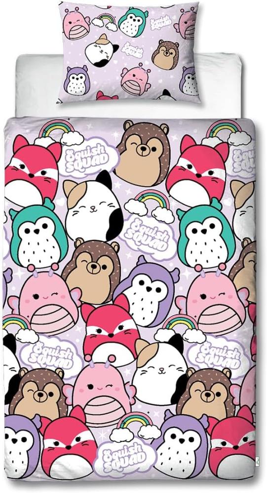 Character World Squishmallows Offizielles Bettwäsche-Set für Einzelbett, helles Design, wendbar, zweiseitig, Squish Squad Bettbezug, offizielles Merchandise-Produkt, inklusive passendem Kissenbezug Bild 1