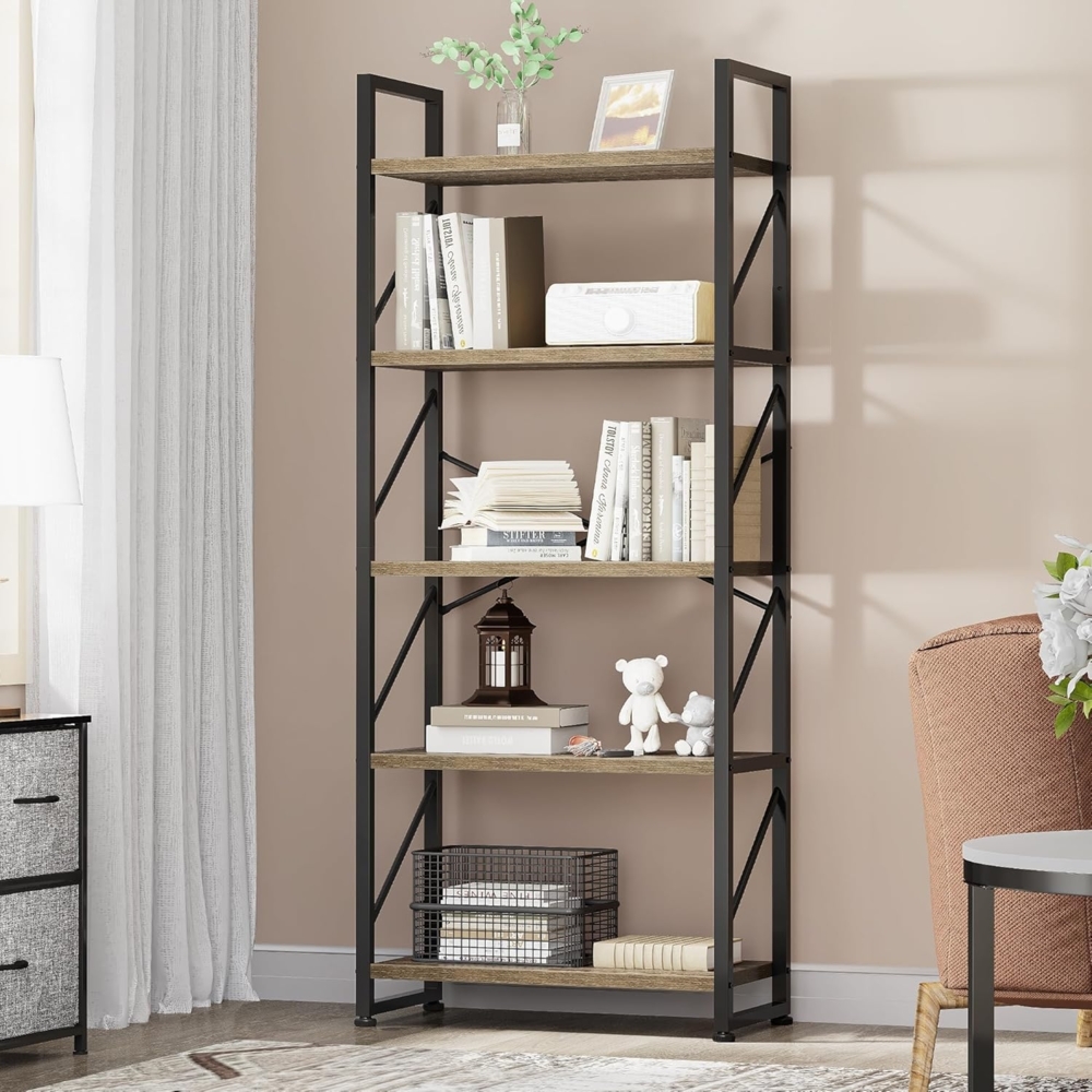 YITAHOME Bücherregal mit 5 Ebenen, Industrielles Standregal Aufbewahrungsregale für Wohnzimmer Bücher Schlafzimmer Büro Küche Zeitschriften, Grau Bild 1