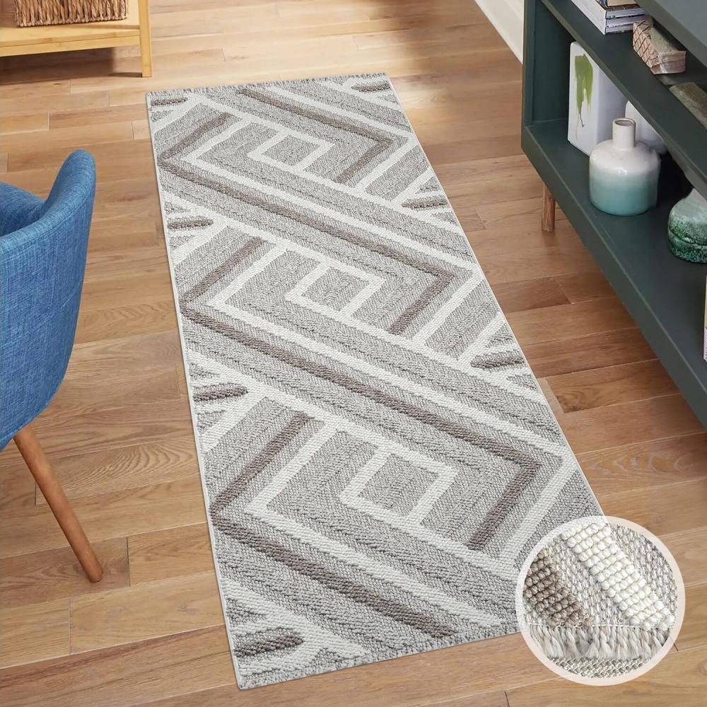 carpet city Teppich-Läufer Kurzflor Flur - Grau, Beige - 80x300 cm - Teppiche Fransen Boho-Style - Geo-Muster - Schlafzimmer, Wohnzimmer Bild 1