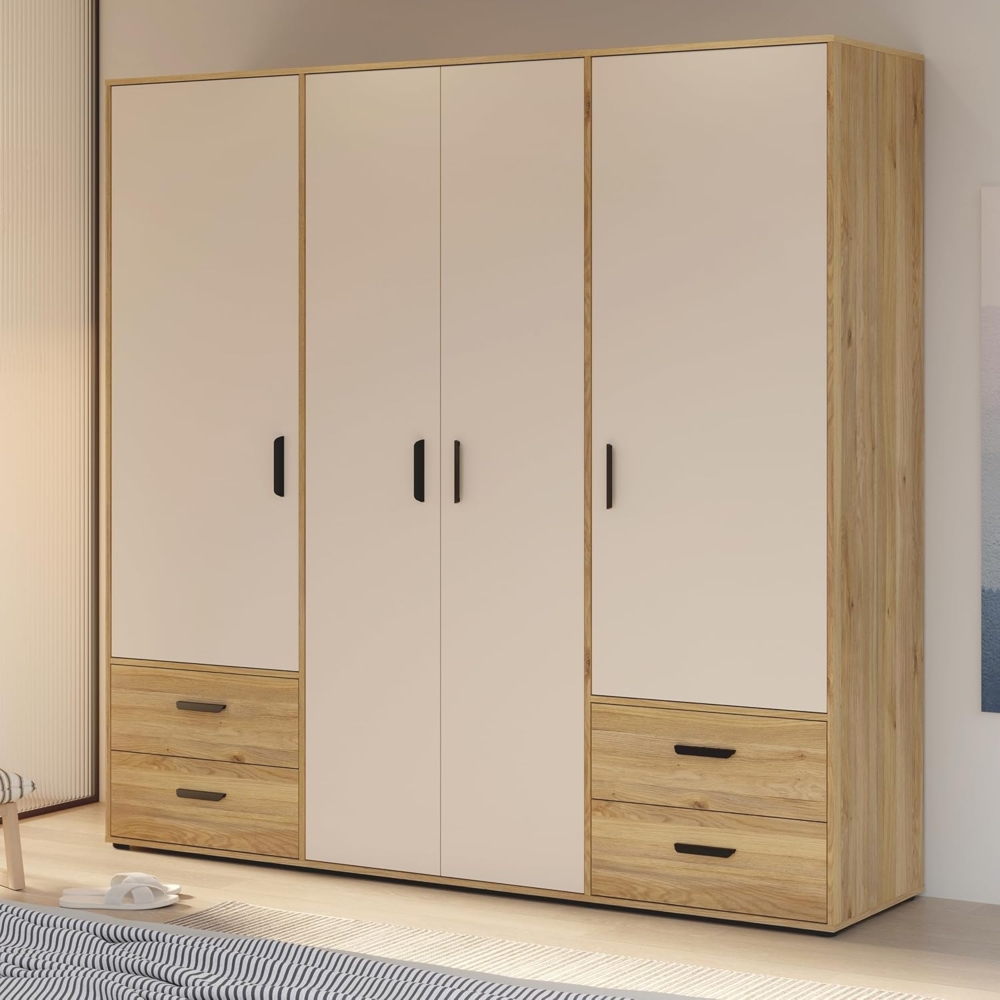Forte MOKKARO Kleiderschrank 205, Schrank mit 4 Drehtüren und 4 Schubladen, Holzwerkstoff, Sand/Mauvella Eiche Dekor, 205,9 cm breit, 200,1 cm hoch, 52,7 cm tief Bild 1