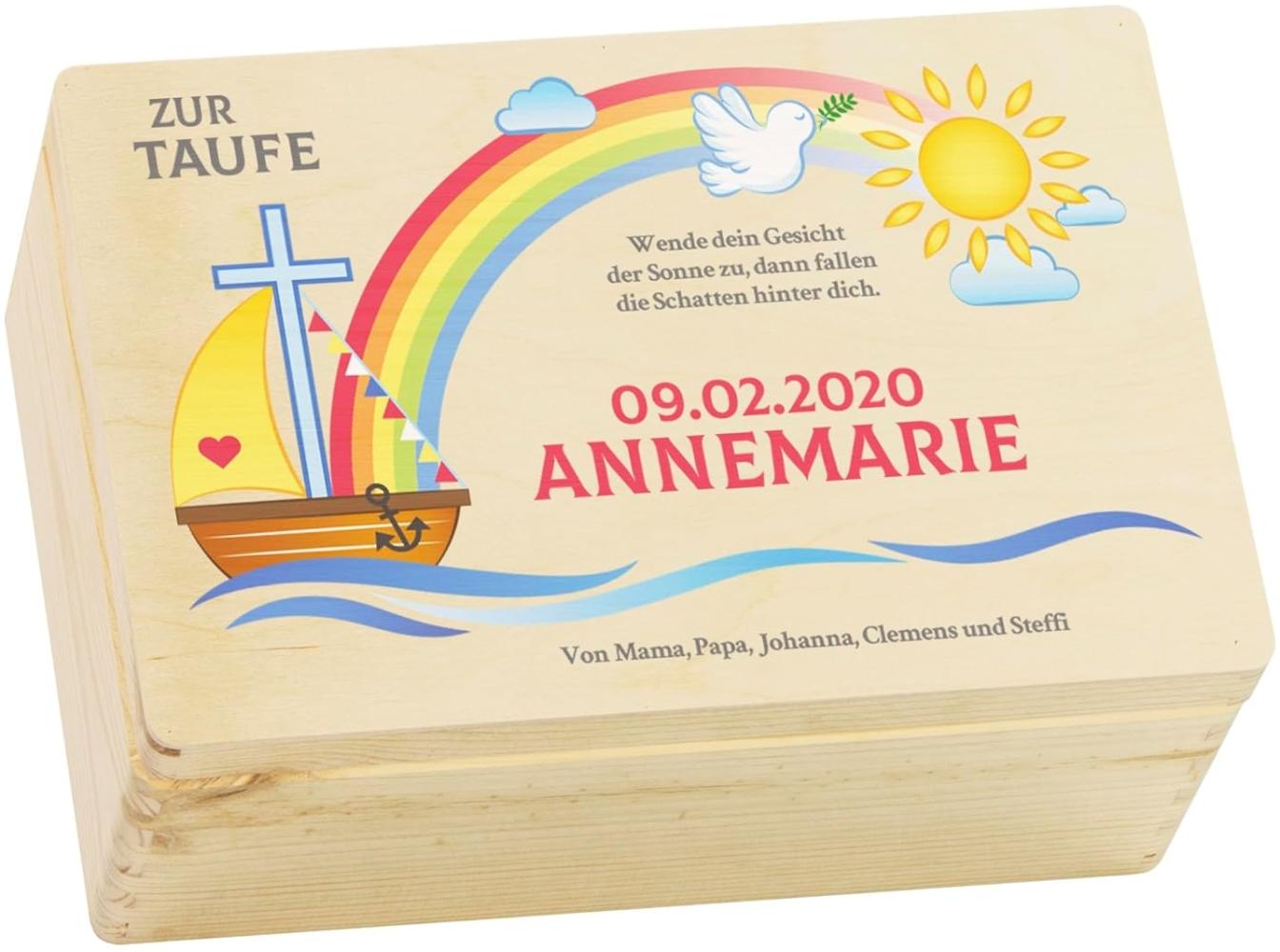 LAUBLUST Holzkiste zur Taufe - Nach der Sintflut Farbmotiv - Personalisiertes Taufgeschenk - 30x20x14 cm, Natur, FSC® Bild 1