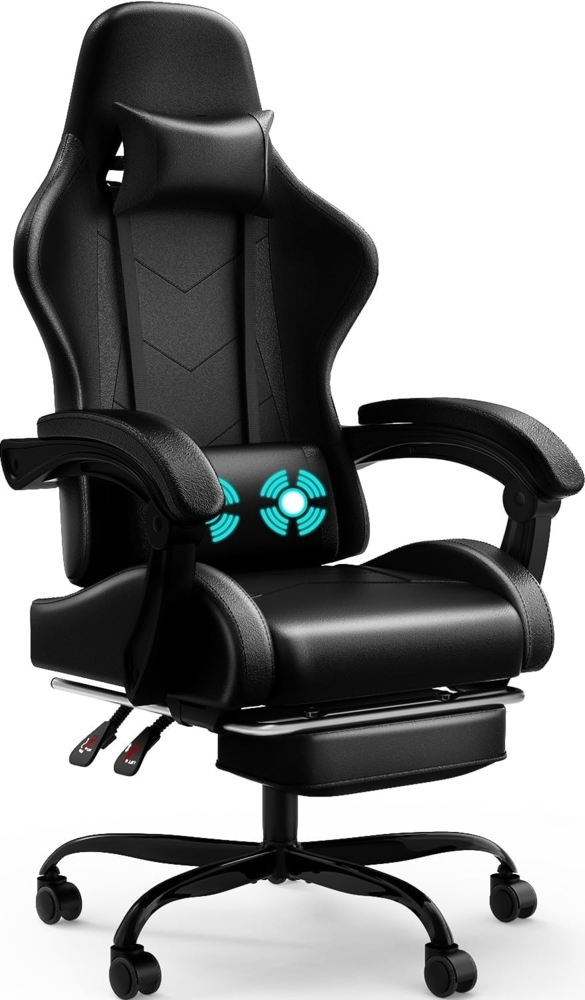 Devoko Massage Gaming Stuhl, Computer Bürostuhl mit Fußstütze, Racing Gamer Stuhl 150kg Belastbarkeit, 90-135° Rückenlehne einstellbar Ergonomischer PC Stuhl, 360° drehbar, Schwarz Bild 1