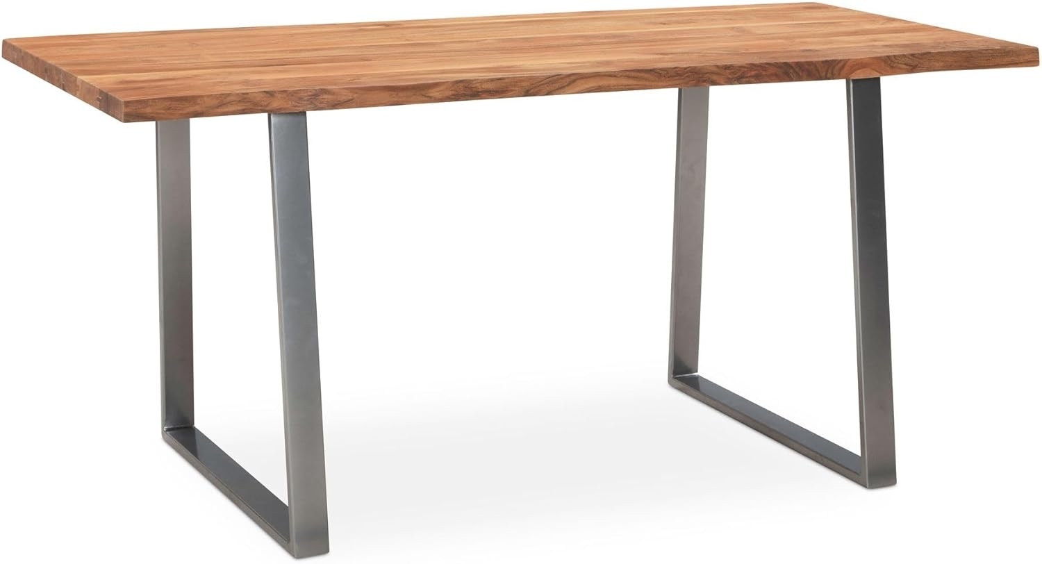 FineBuy Esszimmertisch 120x60x76 cm Akazie Massivholz / Metall Esstisch Baumkante, Küchentisch Massiv mit Trapezbeinen in Chrom, Holztisch Speisetisch Esszimmer Rechteckig Braun Bild 1