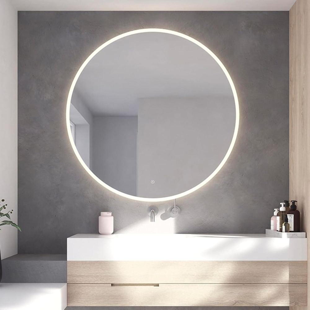 Loevschall Atlas Hochwertiger Badspiegel mit Beleuchtung, Rundspiegel 100 cm, Luxuriöses und Rahmenloses Design, Smart Mirror mit Touch, LED-Front- und Hintergrundbeleuchtung, Helligkeit Dimmbar Bild 1