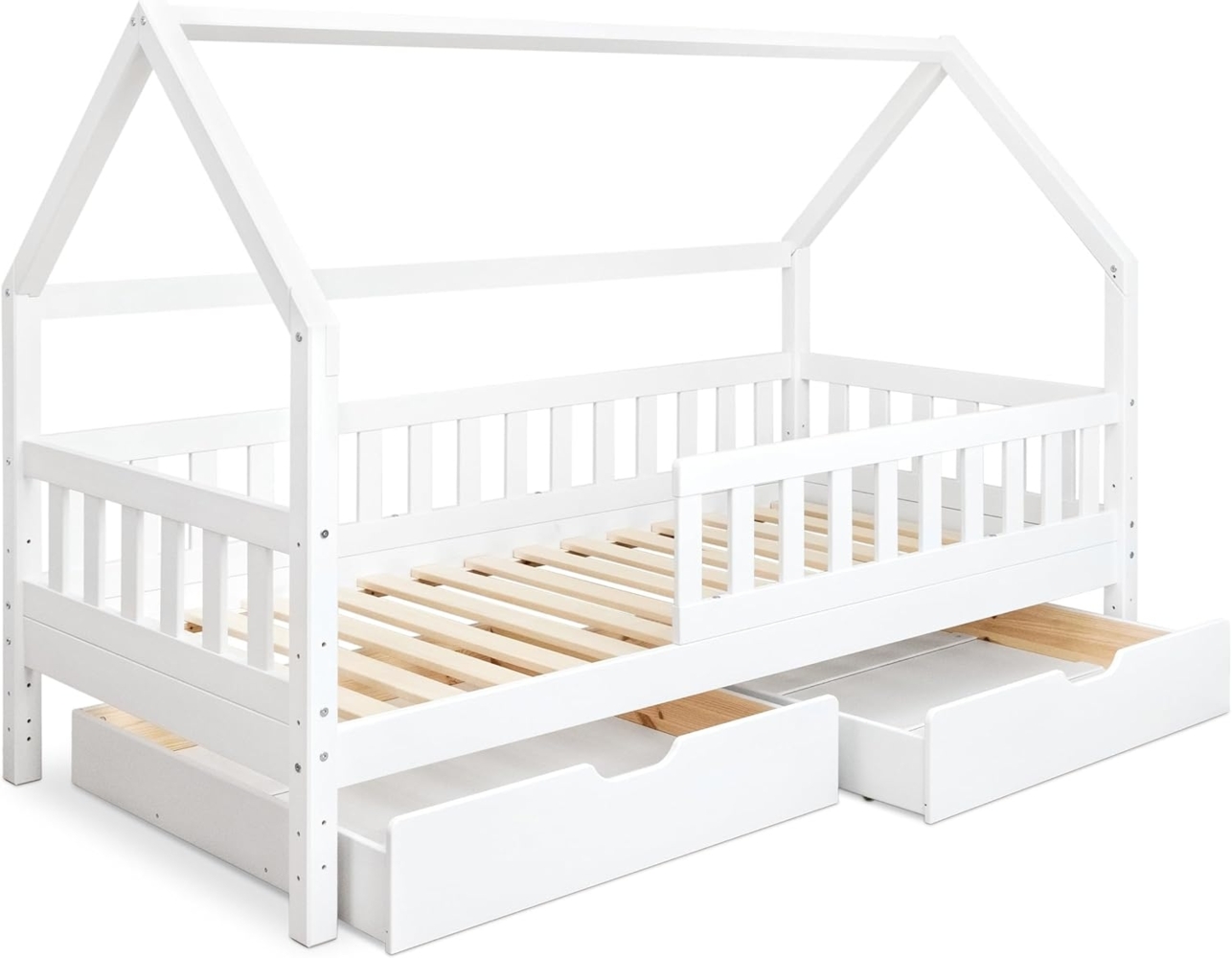 Ehrenkind® Hausbett | Kinderbett mit abnehmbaren Rausfallschutz aus Massivholz FSC zertifziert inkl. Lattenrost & Schubladen | Hausbett 90x200 | Kinderbett 90x200 Weiß Bild 1